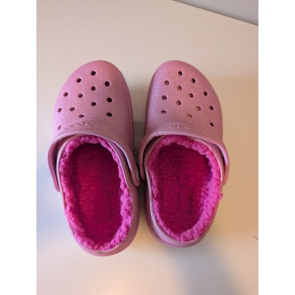 NEW Pink Glitter Crocs Kids Fuzzy Lined Classic Clogs Size J1 - Picture 7 of 9